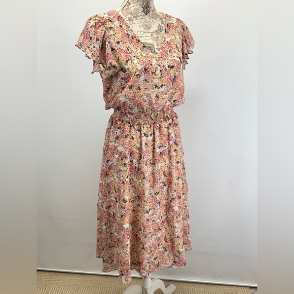 MSK Cream and pink floral elastic waist midi dress size MP - Picture 13 of 16